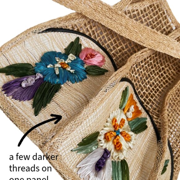Vintage 50s Artisan Wicker Woven Straw Raphia Shoulder Bag Embroidered Flowers - Picture 12 of 15